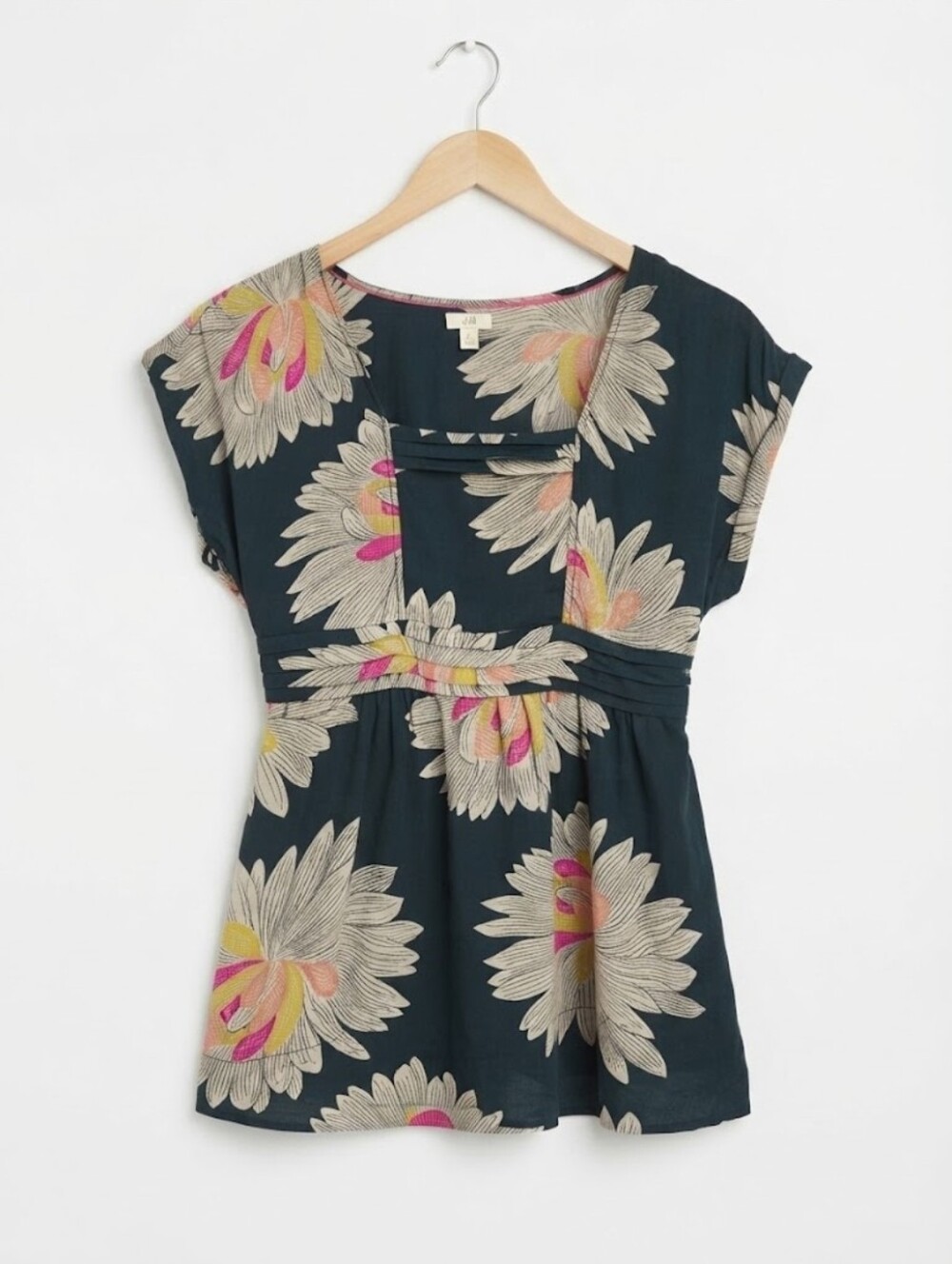 Anthropologie Odille Teal Floral Cutout Waist Pink & Cream Accents Size 4